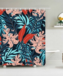 Botanical Tropical Blue Red Colorful Palm Leaves Shower Curtain For Bathroom Decor