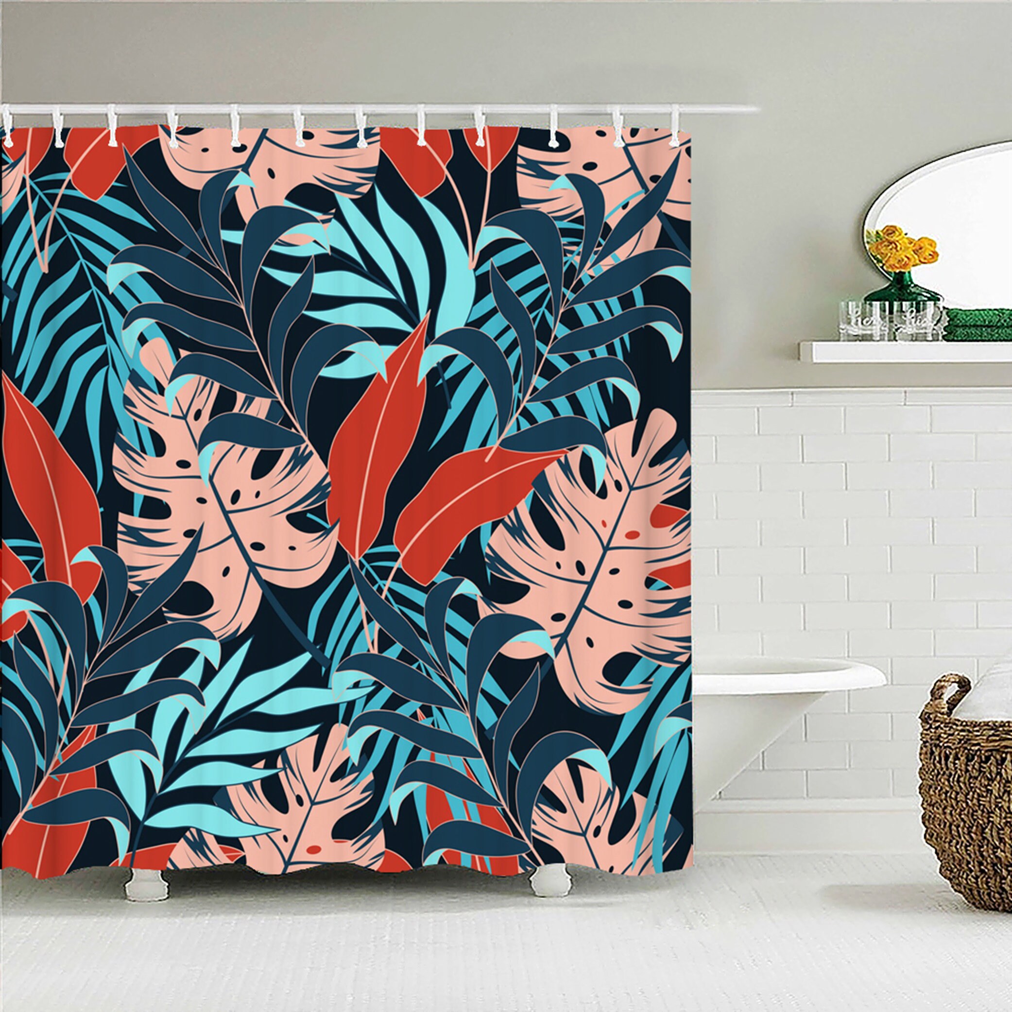 Botanical Tropical Blue Red Colorful Palm Leaves Shower Curtain For Bathroom Decor