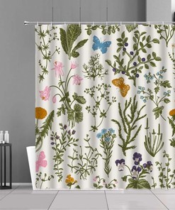 Botanical Tropical Green Leaves Shower Curtain With Butterfly And Wild Flowers For Bathroom Decor