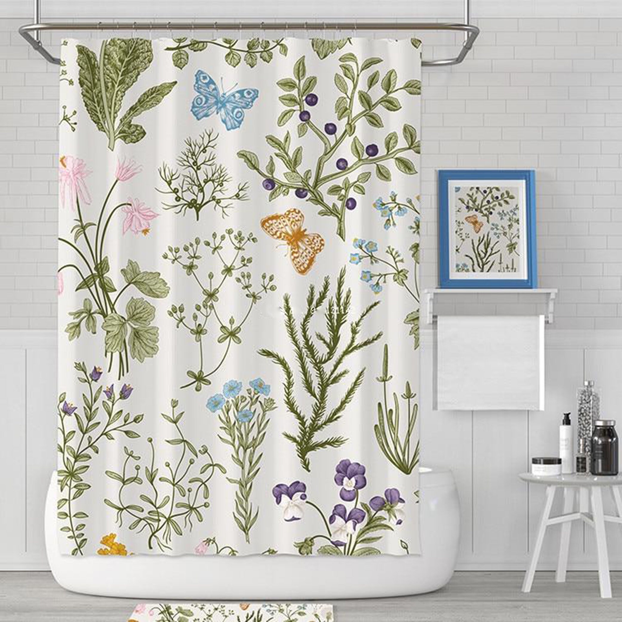 Botanical Tropical Green Leaves Shower Curtain With Butterfly And Wild Flowers For Bathroom Decor - Image 2