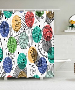 Botanical Tropical Teal Colorful Leaves Palm Monstera Fabric Bath Curtain for Your Home Bathroom Décor