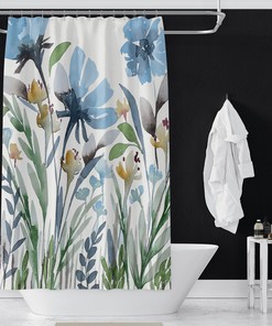 Botanical Watercolor Print Garden Falls Shower Curtain - Blue Green Yellow Red Beige White