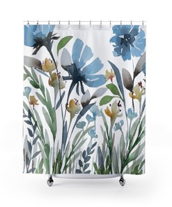 Botanical Watercolor Print Garden Falls Shower Curtain - Blue Green Yellow Red Beige White