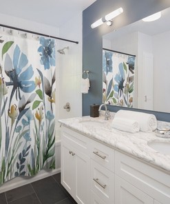 Botanical Watercolor Print Garden Falls Shower Curtain - Blue Green Yellow Red Beige White