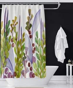 Botanical Watercolor Print Purple Shower Curtain Set, Spire Garden for Tranquil Bathroom Decor