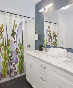 Botanical Watercolor Print Purple Shower Curtain Set, Spire Garden for Tranquil Bathroom Decor