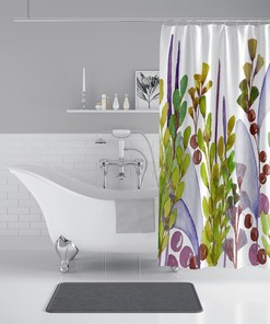 Botanical Watercolor Print Purple Shower Curtain Set, Spire Garden for Tranquil Bathroom Decor
