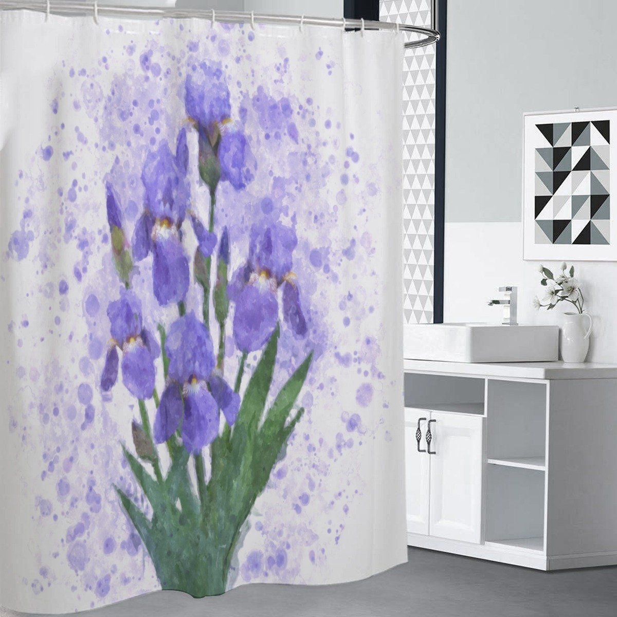 Botanical Watercolor Print Shower Curtain With Garden Flowers Design - Bathroom Refresh Gift