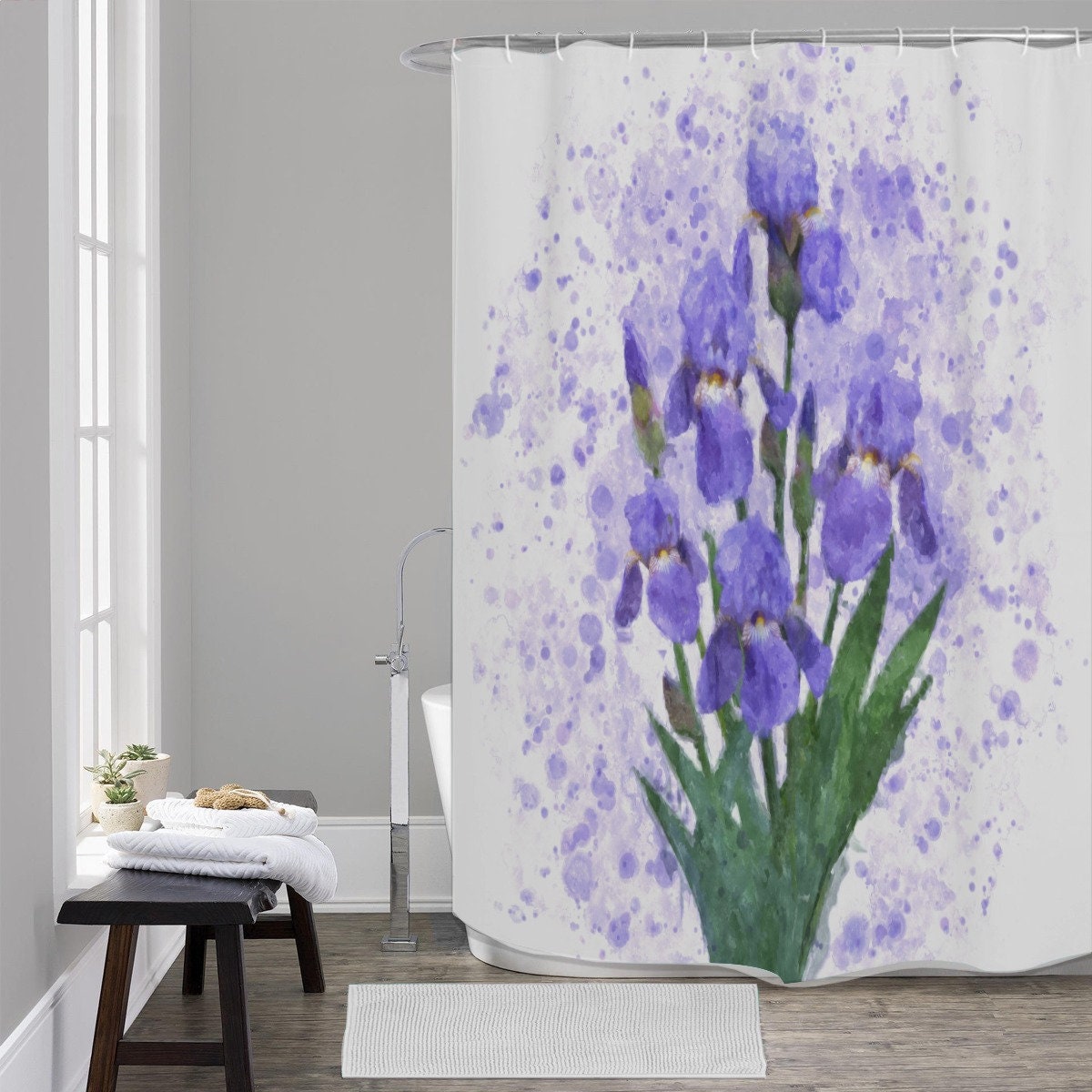 Botanical Watercolor Print Shower Curtain With Garden Flowers Design - Bathroom Refresh Gift