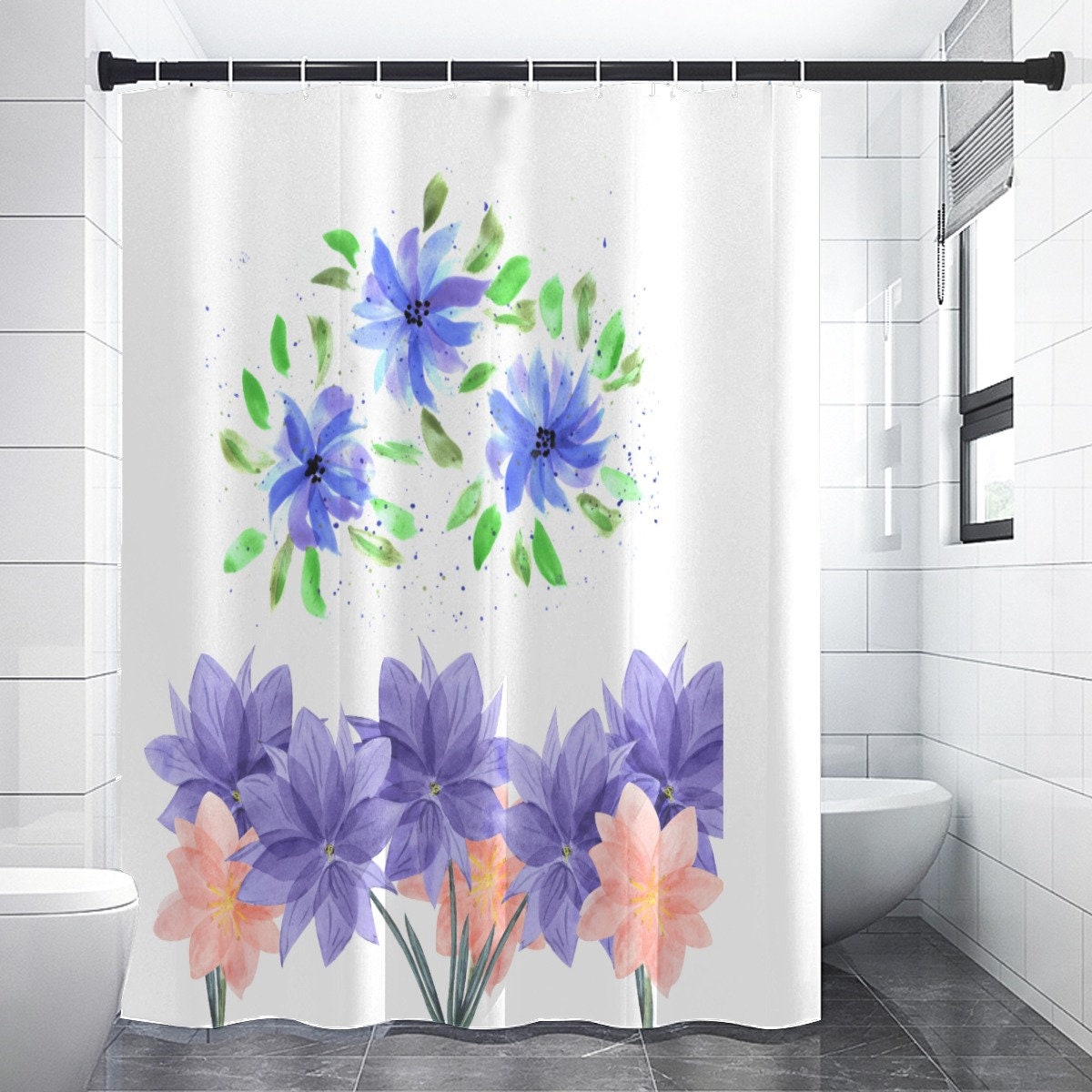Botanical Watercolor Print Shower Curtain With Garden Flowers Design - Bathroom Refresh Gift