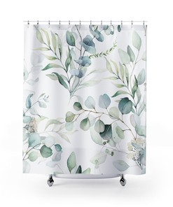 Botanical Watercolor Shower Curtain for Botanical Bathroom with Green Plant Print