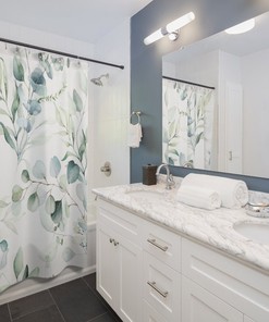 Botanical Watercolor Shower Curtain for Botanical Bathroom with Green Plant Print