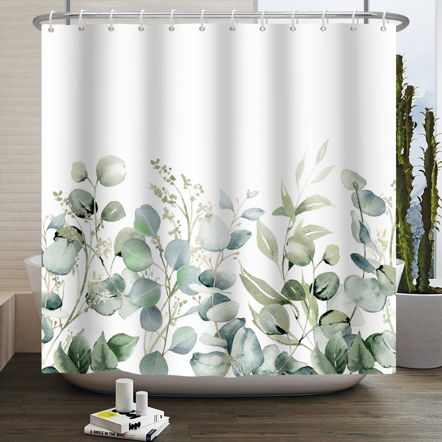 Botanical Watercolor Unique Tub Shower Curtain Eucalyptus Leaf Bathroom Decor