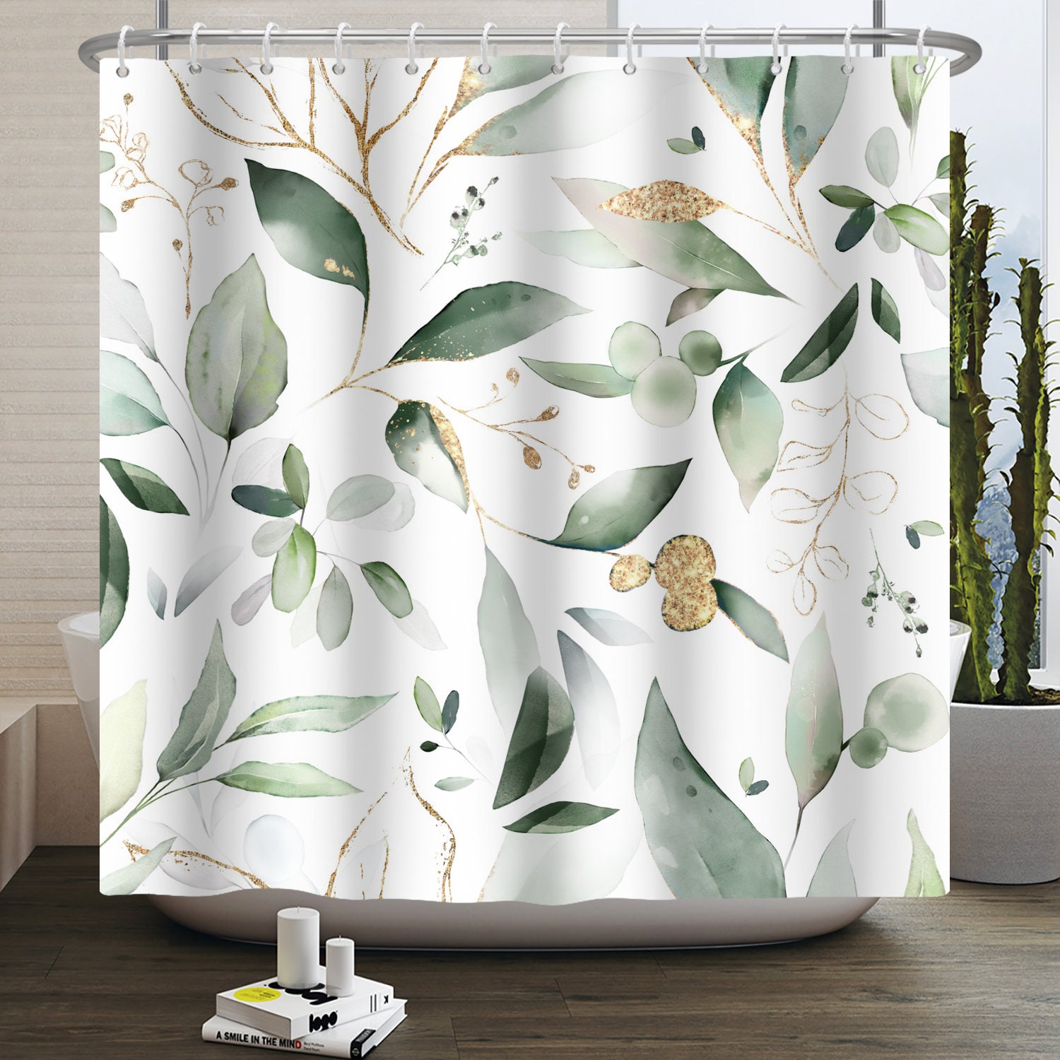 Botanical Watercolor Unique Tub Shower Curtain Eucalyptus Leaf Bathroom Decor