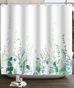 Botanical Watercolor Unique Tub Shower Curtain Eucalyptus Leaf Bathroom Decor
