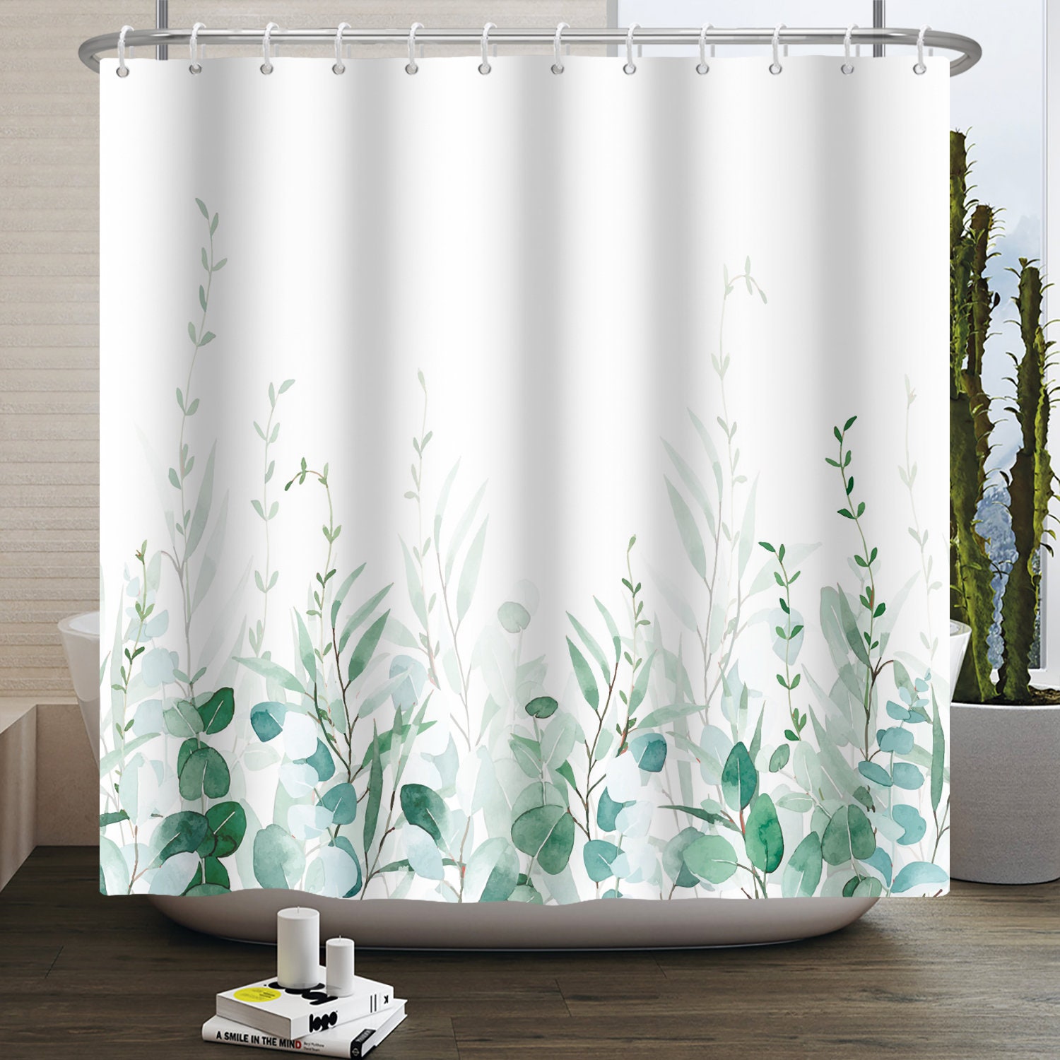 Botanical Watercolor Unique Tub Shower Curtain Eucalyptus Leaf Bathroom Decor