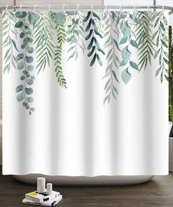 Botanical Watercolor Unique Tub Shower Curtain Eucalyptus Leaf Bathroom Decor