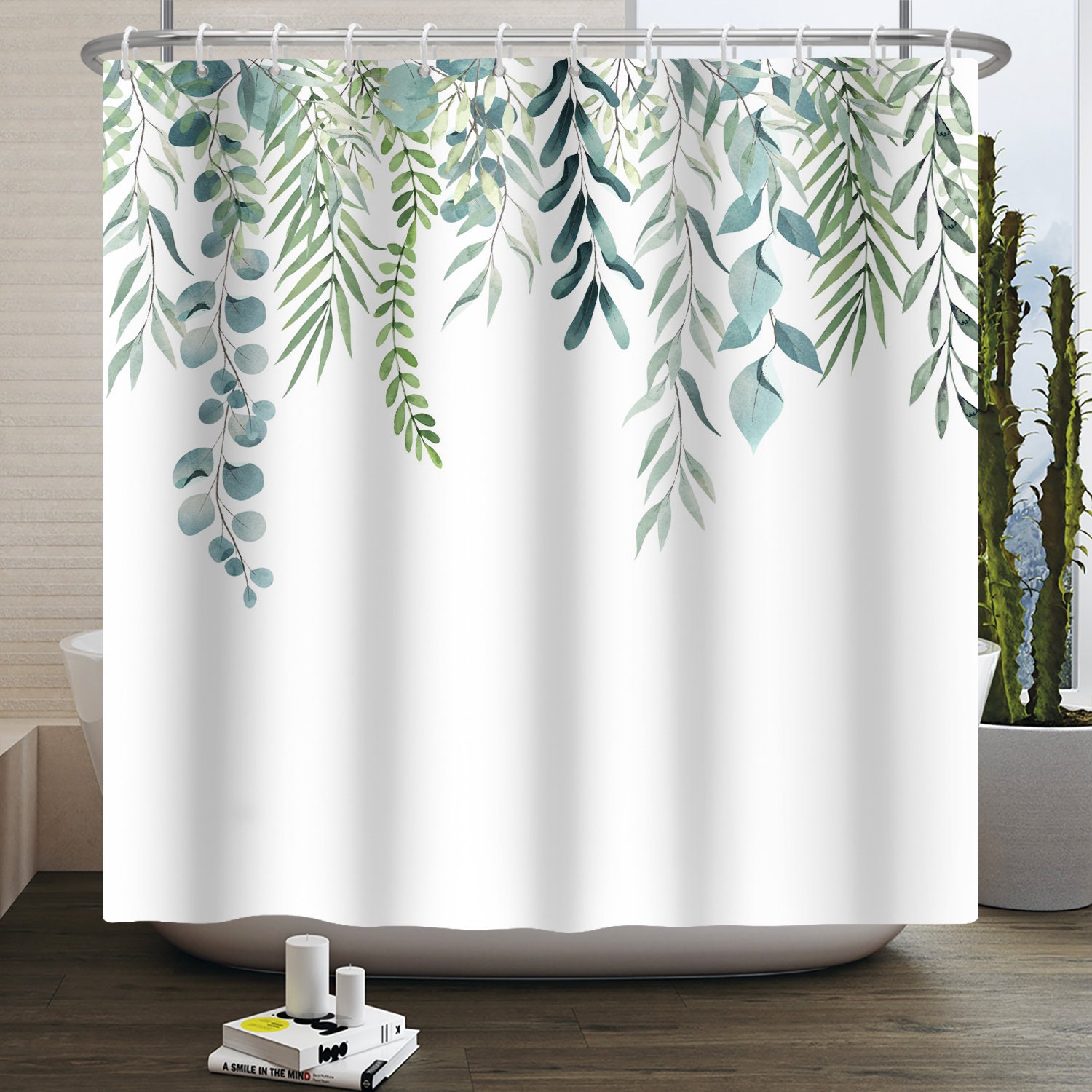 Botanical Watercolor Unique Tub Shower Curtain Eucalyptus Leaf Bathroom Decor
