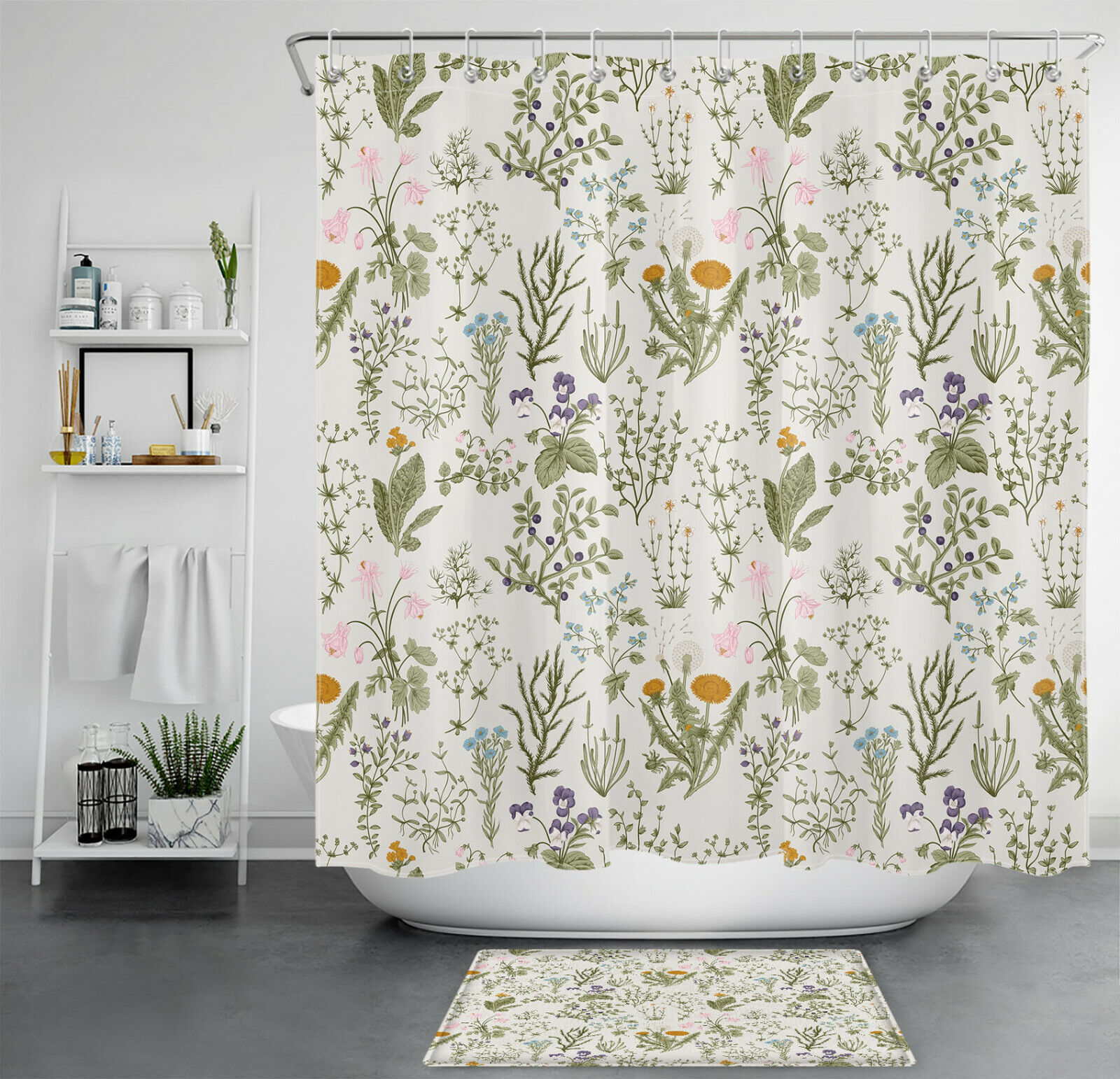 Botanical Wildflower Vintage Shower Curtain for Nature Lover's Bathroom Decor
