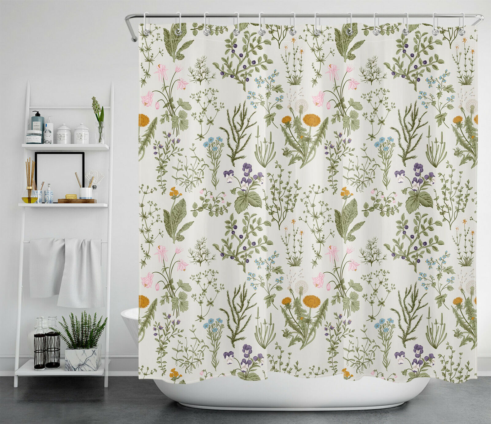 Botanical Wildflower Vintage Shower Curtain for Nature Lover's Bathroom Decor