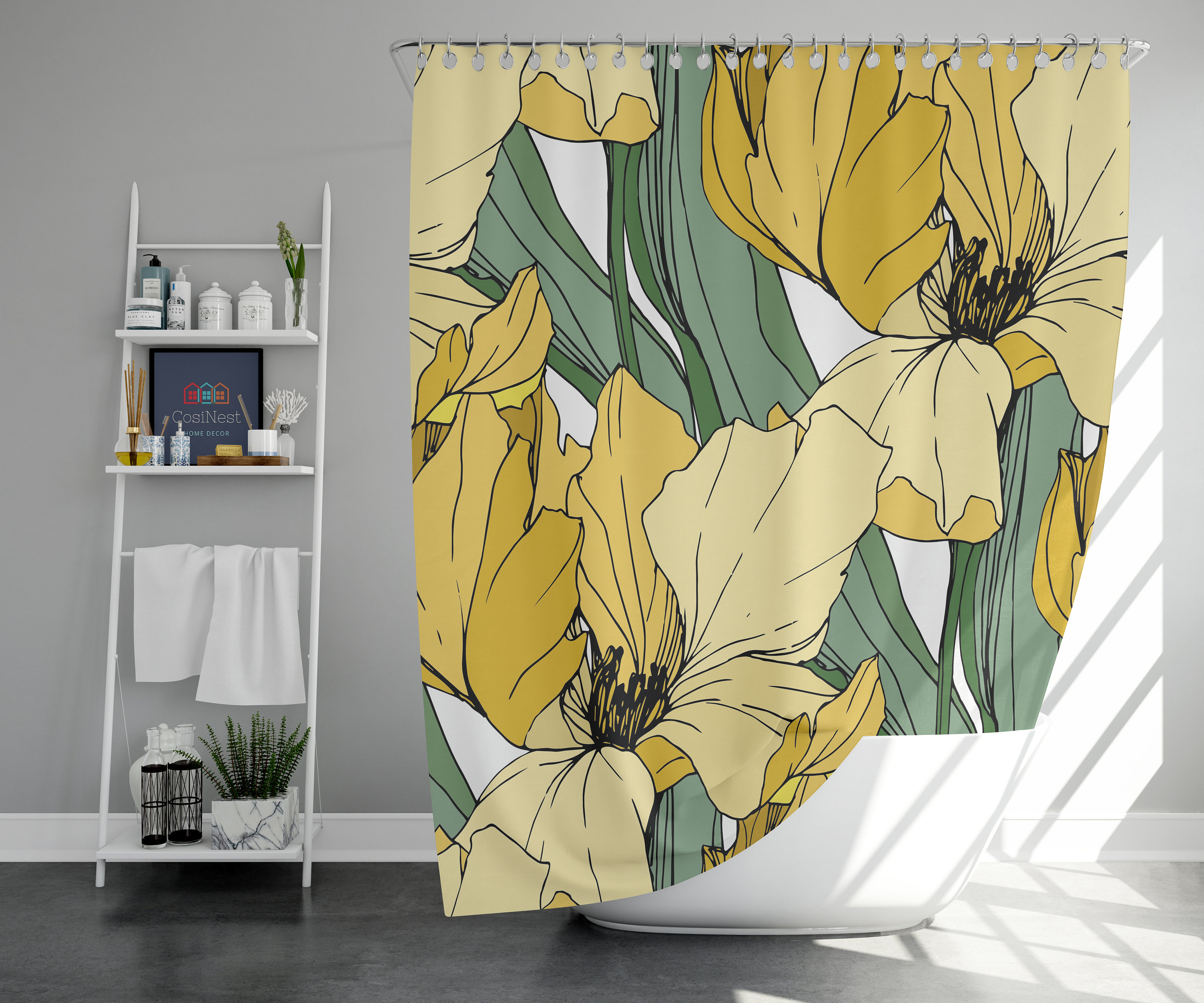 Botanical Yellow Iris Shower Curtain with Green Leaves Design for a Natural Bathroom