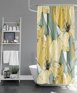 Botanical Yellow Iris Shower Curtain with Green Leaves Design for a Natural Bathroom