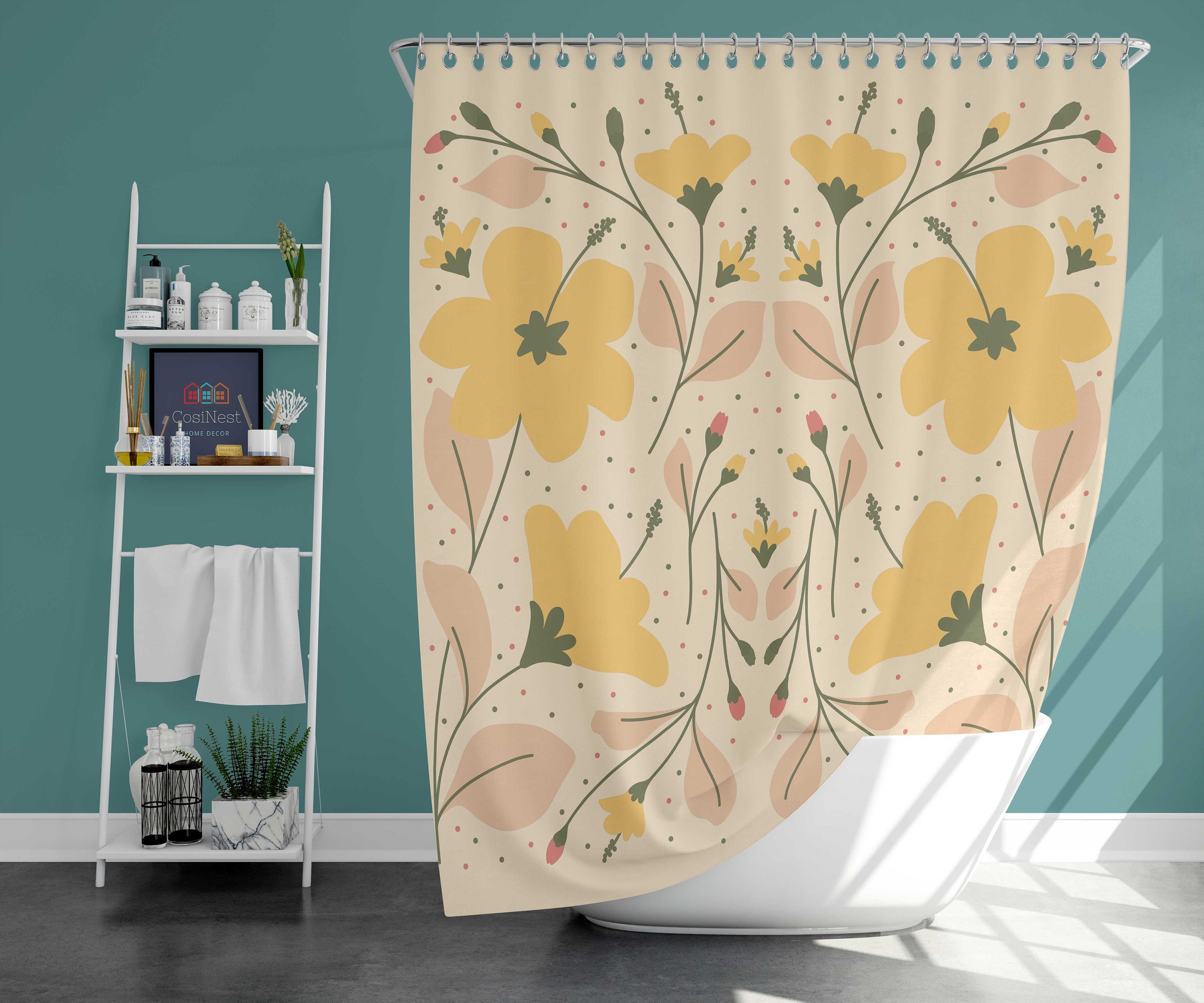 Botanical Yellow and Pink Floral Shower Curtain with Leaves - Fabric Bathroom Decor Accessory for Housewarming Gift