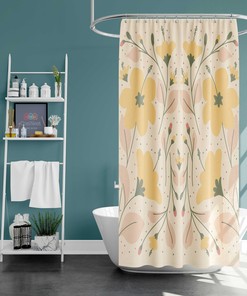 Botanical Yellow and Pink Floral Shower Curtain with Leaves - Fabric Bathroom Decor Accessory for Housewarming Gift