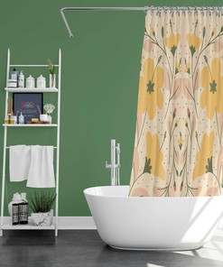 Botanical Yellow and Pink Floral Shower Curtain with Leaves - Fabric Bathroom Decor Accessory for Housewarming Gift