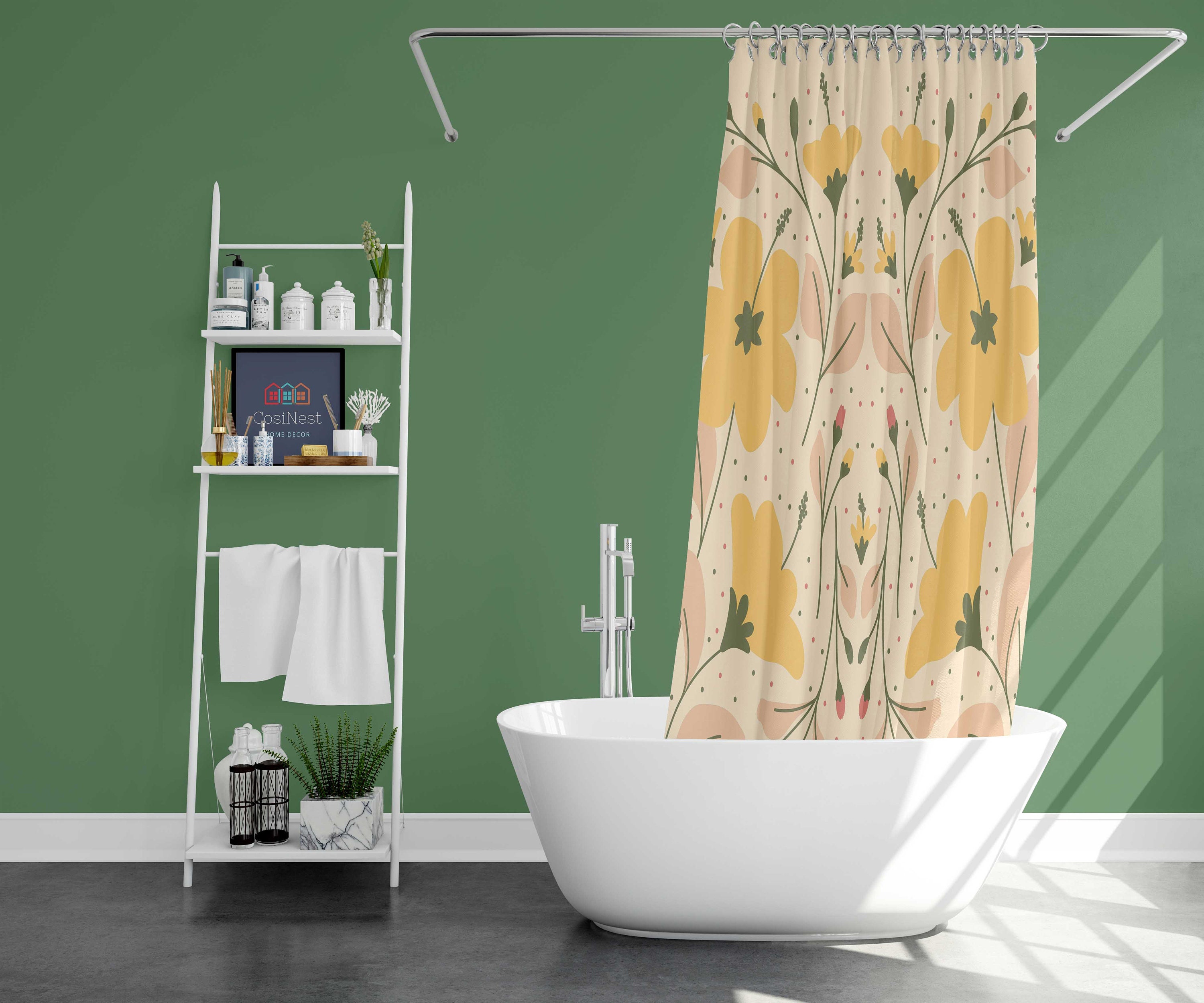 Botanical Yellow and Pink Floral Shower Curtain with Leaves - Fabric Bathroom Decor Accessory for Housewarming Gift