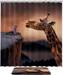 Boy And Giant Giraffe Shower Curtain For A Safari Adventure Themed Bathroom