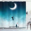 Boy Climbing to the Moon Teal Shower Curtain for Kids' Bathrooms