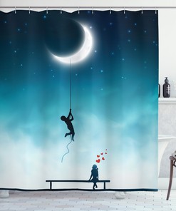 Boy Climbing to the Moon Teal Shower Curtain for Kids' Bathrooms