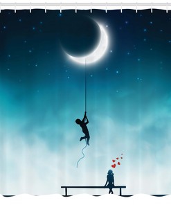 Boy Climbing to the Moon Teal Shower Curtain for Kids' Bathrooms