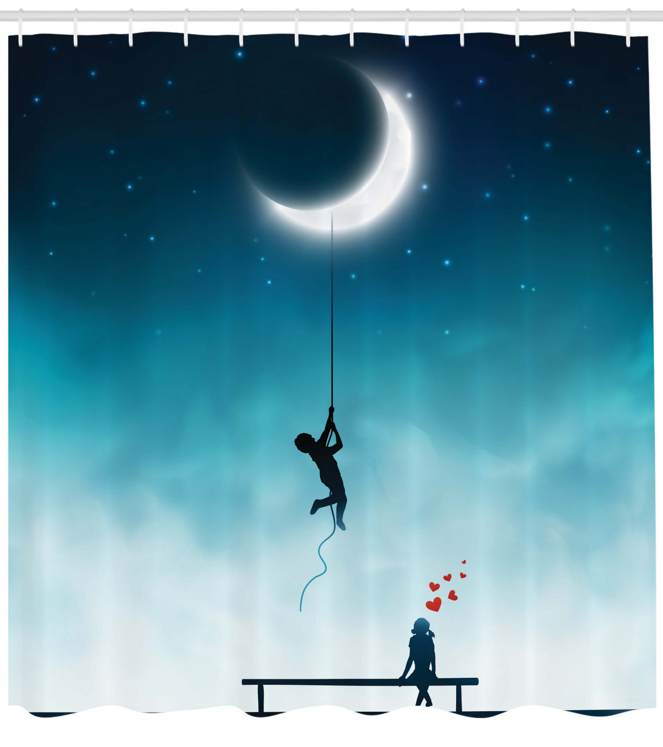 Boy Climbing to the Moon Teal Shower Curtain for Kids' Bathrooms