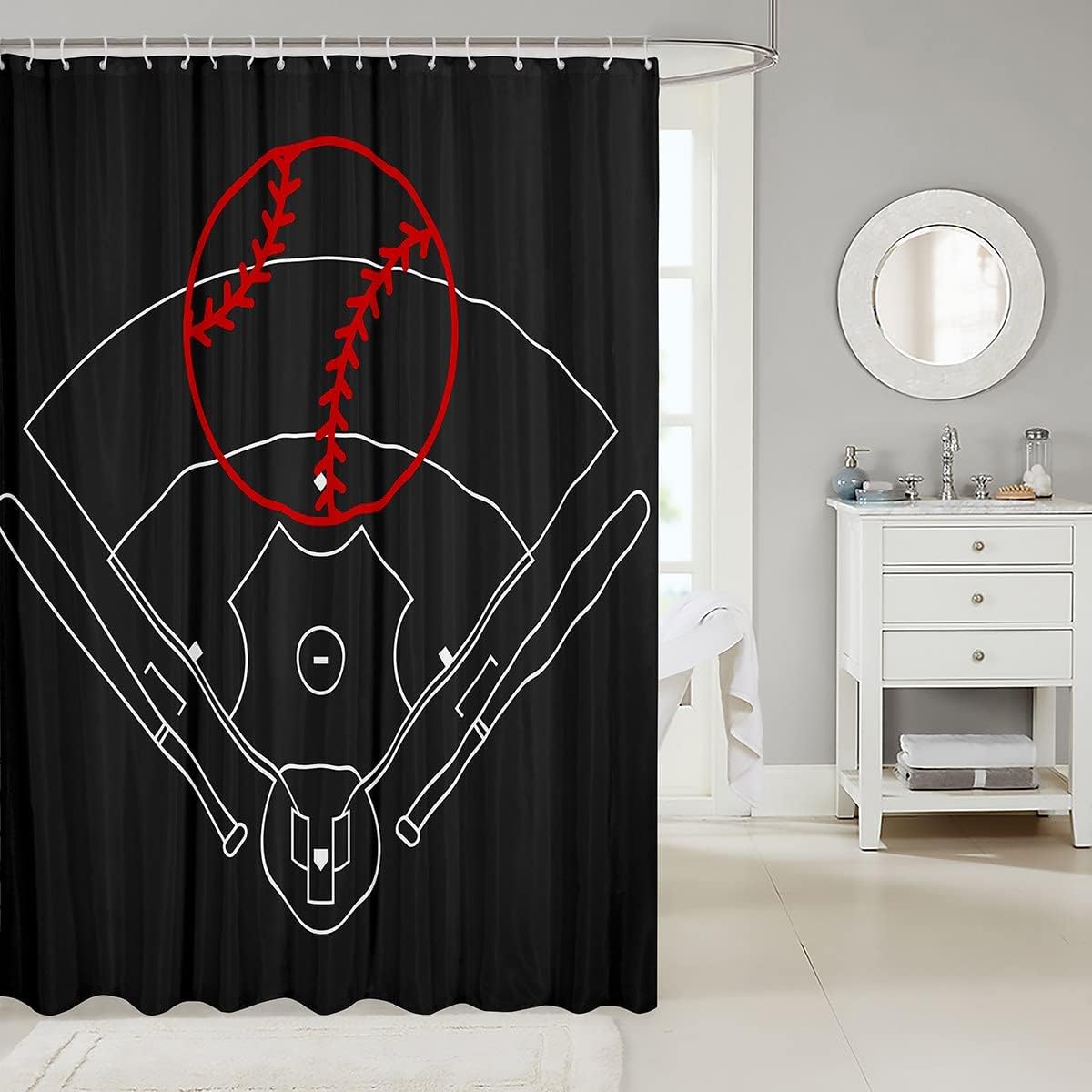 Boys Baseball Field Print Shower Curtain- Machine Washable Sports Game Theme Bath Curtain - Image 2