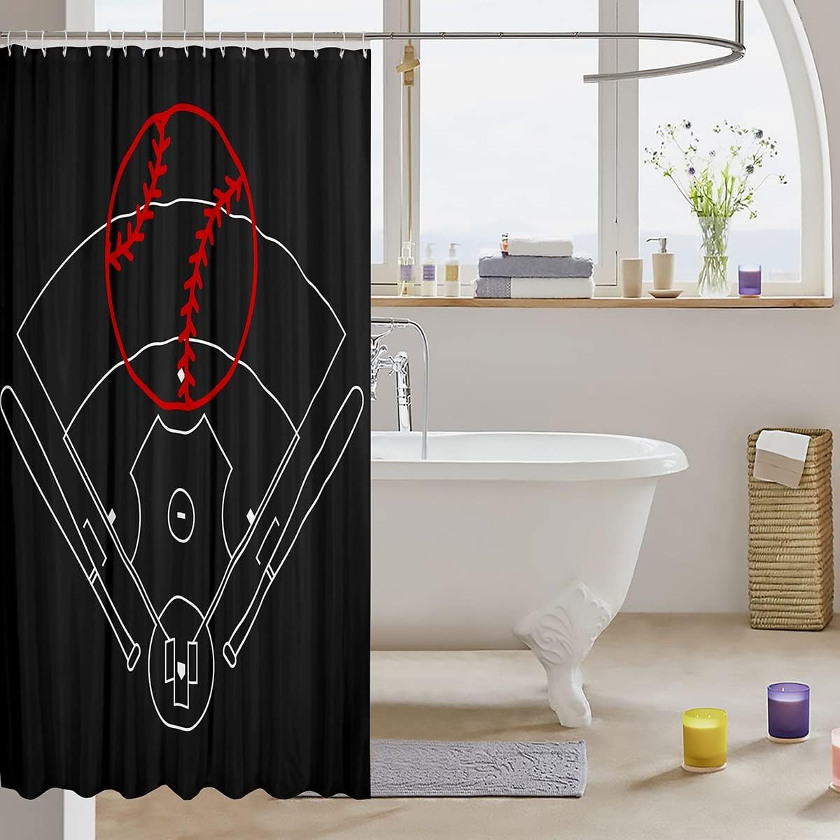 Boys Baseball Field Print Shower Curtain- Machine Washable Sports Game Theme Bath Curtain - Image 3