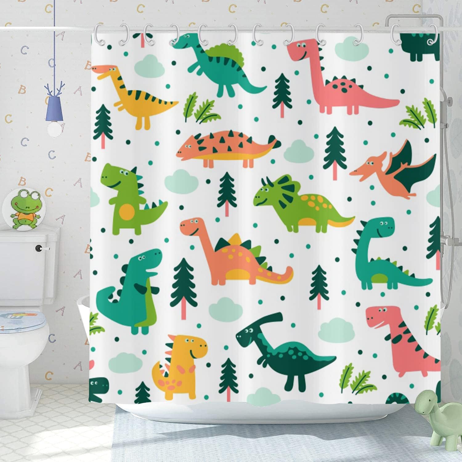 Boys Colorful Dinosaur Dino Woodland Printed Shower Curtain For Bathroom
