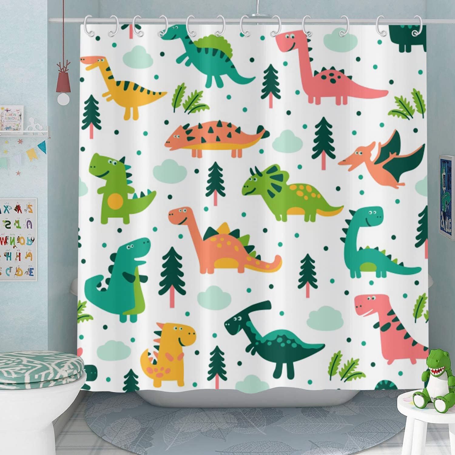 Boys Colorful Dinosaur Dino Woodland Printed Shower Curtain For Bathroom