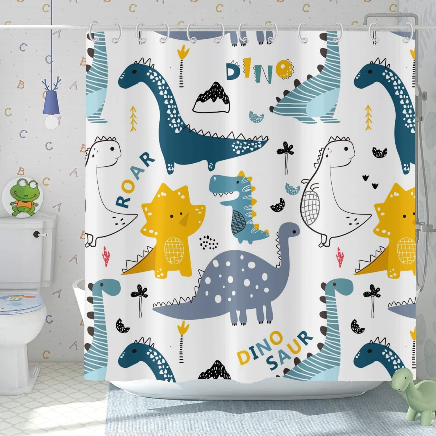 Boys Cute Funny Animal Graffiti Cartoon Dinosaur Shower Curtain For Kids Bathroom