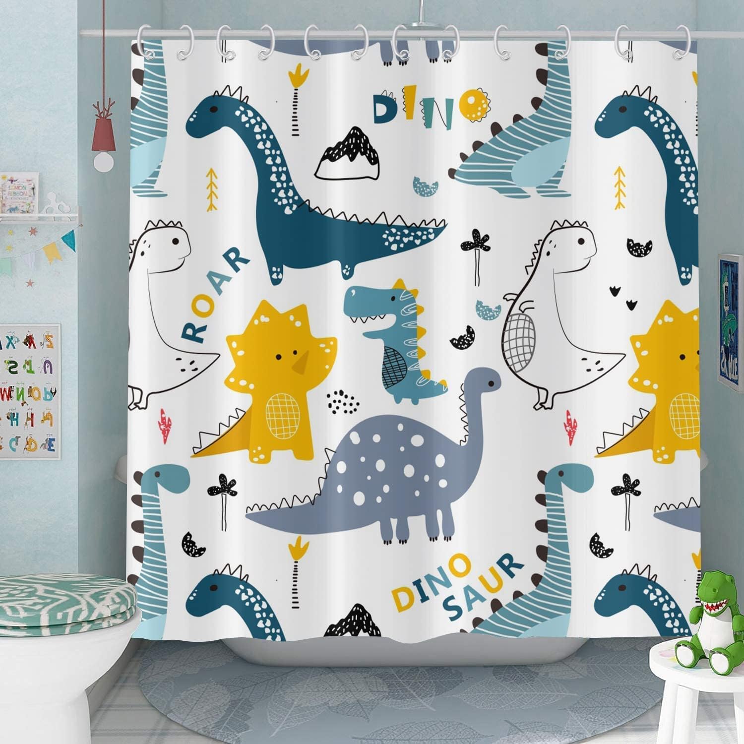 Boys Cute Funny Animal Graffiti Cartoon Dinosaur Shower Curtain For Kids Bathroom