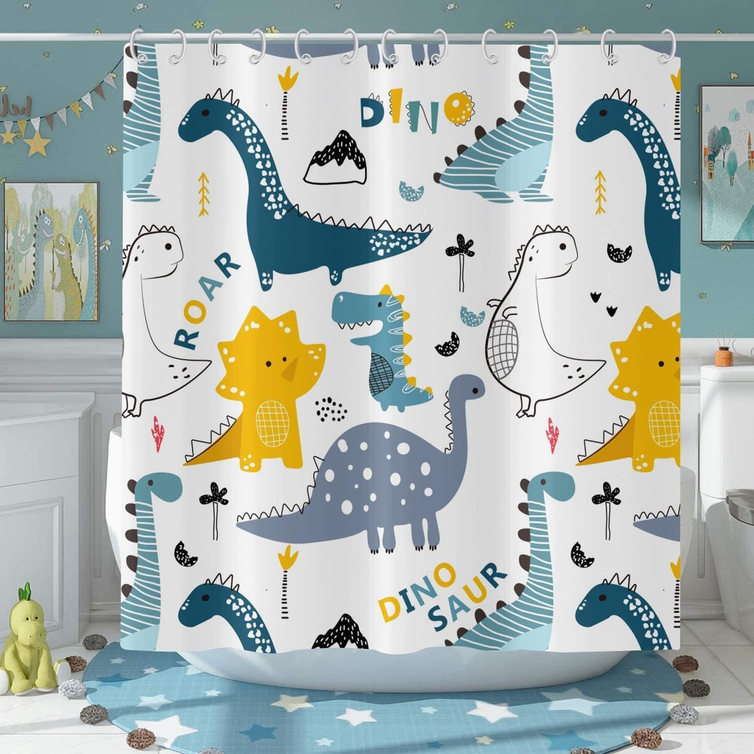 Boys Cute Funny Animal Graffiti Cartoon Dinosaur Shower Curtain For Kids Bathroom