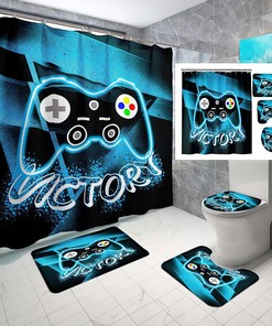 Boys Gamer Bathroom Shower Curtain Set with Rug, Toilet Cover and U Shaped Mat Gamepad Theme Decor 
