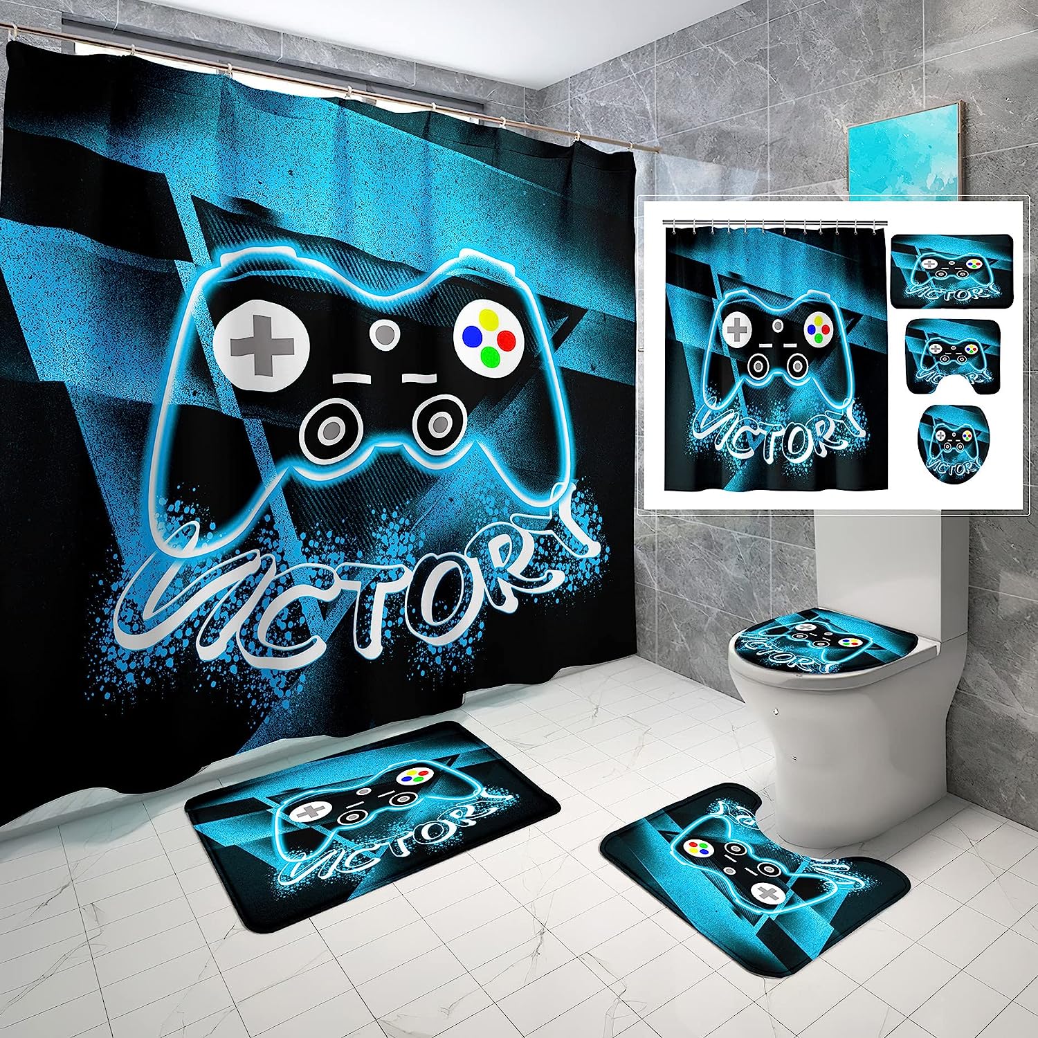 Boys Gamer Bathroom Shower Curtain Set with Rug, Toilet Cover and U Shaped Mat Gamepad Theme Decor