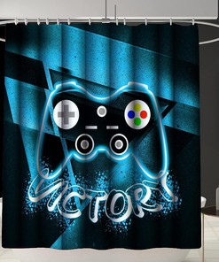 Boys Gamer Bathroom Shower Curtain Set with Rug, Toilet Cover and U Shaped Mat Gamepad Theme Decor