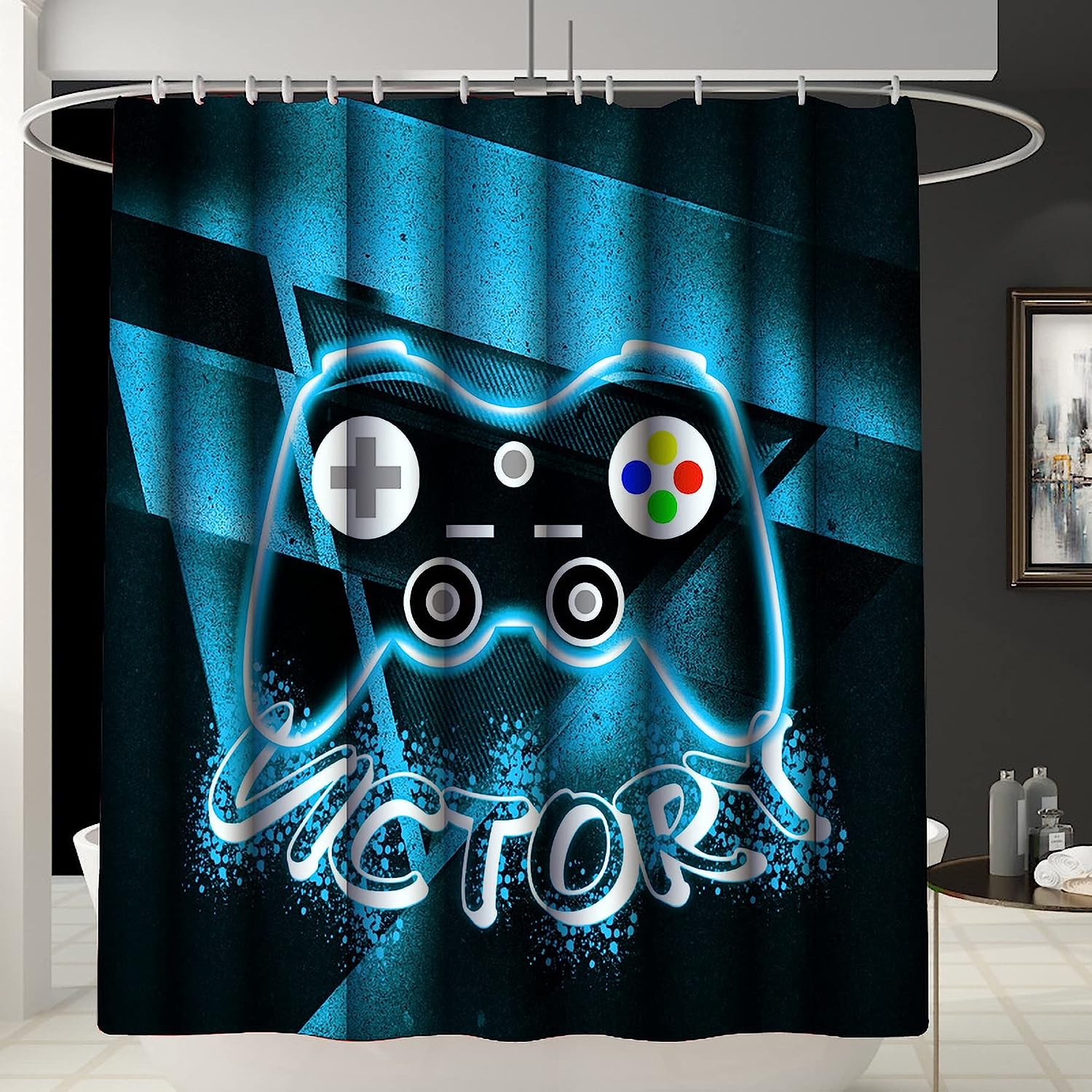Boys Gamer Bathroom Shower Curtain Set with Rug, Toilet Cover and U Shaped Mat Gamepad Theme Decor
