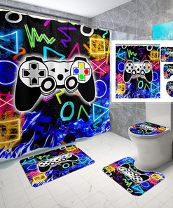 Boys Gamer Shower Curtain Set with Rug, Toilet Cover and U Shaped Mat Video Game Theme Bathroom Decor 