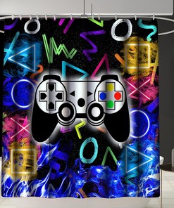 Boys Gamer Shower Curtain Set with Rug, Toilet Cover and U Shaped Mat Video Game Theme Bathroom Decor
