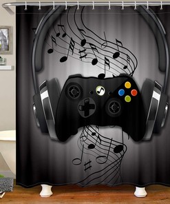 Boys Games Shower Curtain With Black Grey Headphones Musical Notes Design Gamepad For Teens Gaming Room Decor