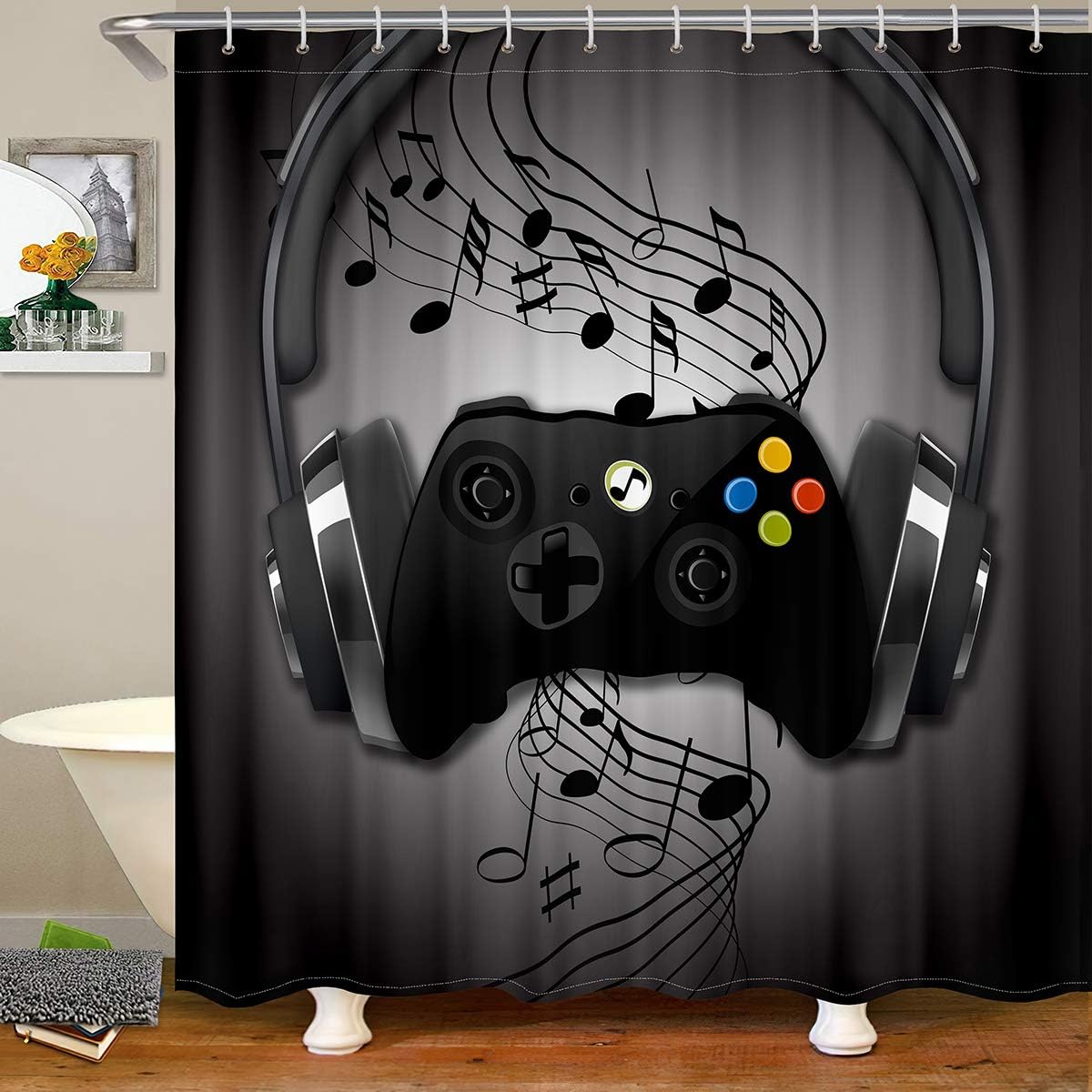 Boys Games Shower Curtain With Black Grey Headphones Musical Notes Design Gamepad For Teens Gaming Room Decor